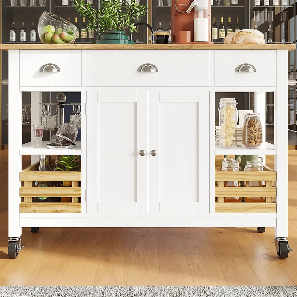 Îlot de Cuisine Multifonction avec Paniers en Pin et Rangement, Buffet Effet Bois en MDF et Métal, Blanc + Naturel, 120x45x90 cm