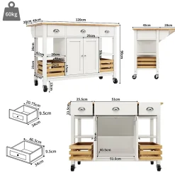 Îlot de Cuisine Multifonction avec Paniers en Pin et Rangement, Buffet Effet Bois en MDF et Métal, Blanc + Naturel, 120x45x90 cm