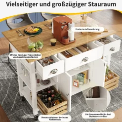 Îlot de Cuisine Multifonction avec Paniers en Pin et Rangement, Buffet Effet Bois en MDF et Métal, Blanc + Naturel, 120x45x90 cm