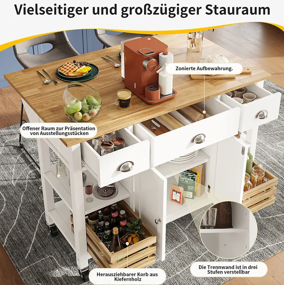 Îlot de Cuisine Multifonction avec Paniers en Pin et Rangement, Buffet Effet Bois en MDF et Métal, Blanc + Naturel, 120x45x90 cm