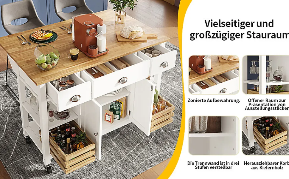 Îlot de Cuisine Multifonction avec Paniers en Pin et Rangement, Buffet Effet Bois en MDF et Métal, Blanc + Naturel, 120x45x90 cm