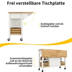 Îlot de Cuisine Multifonction avec Paniers en Pin et Rangement, Buffet Effet Bois en MDF et Métal, Blanc + Naturel, 120x45x90 cm