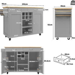 Îlot de Cuisine Multifonction avec Rangement et Plan de Travail, Buffet Design en MDF et Métal, Gris, 102x45x92 cm