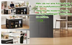 Îlot de Cuisine Multifonction avec Table Extensible, 3 Tiroirs, Portes et Étagères Réglables, MDF, Noir + Blanc, 150x90x90 cm