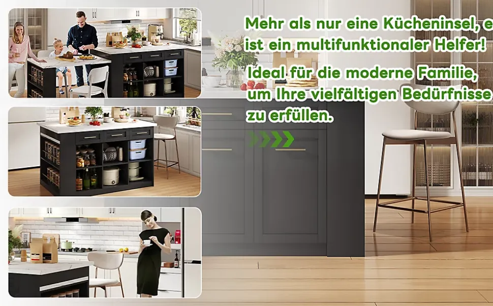 Îlot de Cuisine Multifonction avec Table Extensible, 3 Tiroirs, Portes et Étagères Réglables, MDF, Noir + Blanc, 150x90x90 cm