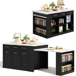 Îlot de Cuisine Multifonction avec Table Extensible, 3 Tiroirs, Portes et Étagères Réglables, MDF, Noir + Blanc, 150x90x90 cm
