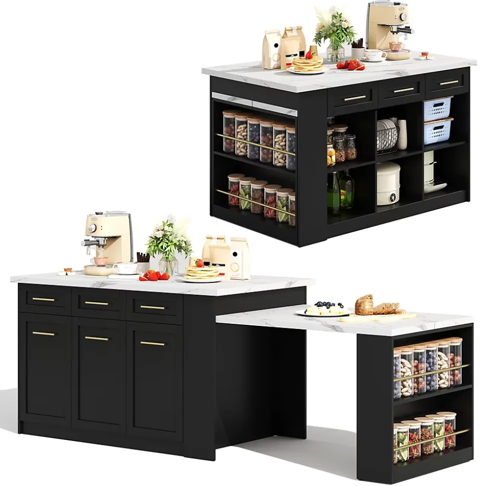 Îlot de Cuisine Multifonction avec Table Extensible, 3 Tiroirs, Portes et Étagères Réglables, MDF, Noir + Blanc, 150x90x90 cm