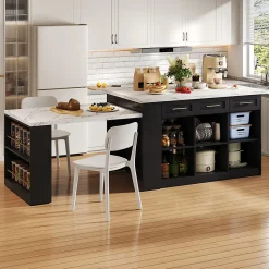 Îlot de Cuisine Multifonction avec Table Extensible, 3 Tiroirs, Portes et Étagères Réglables, MDF, Noir + Blanc, 150x90x90 cm