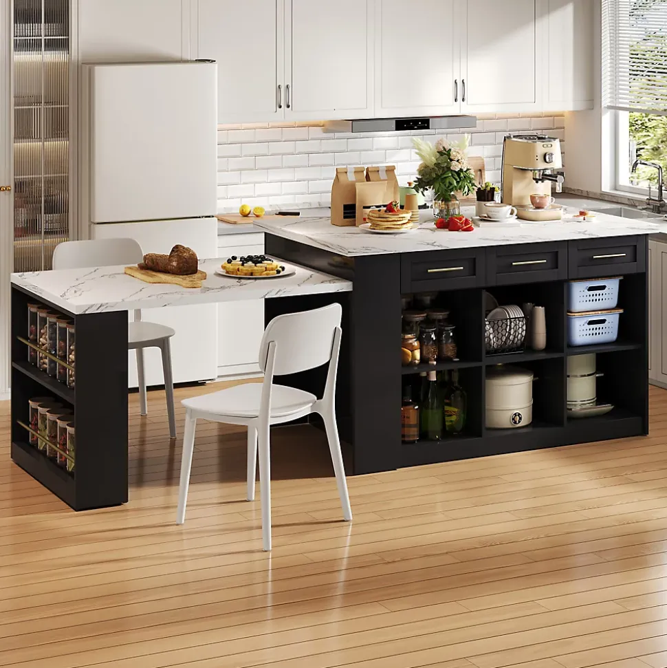 Îlot de Cuisine Multifonction avec Table Extensible, 3 Tiroirs, Portes et Étagères Réglables, MDF, Noir + Blanc, 150x90x90 cm