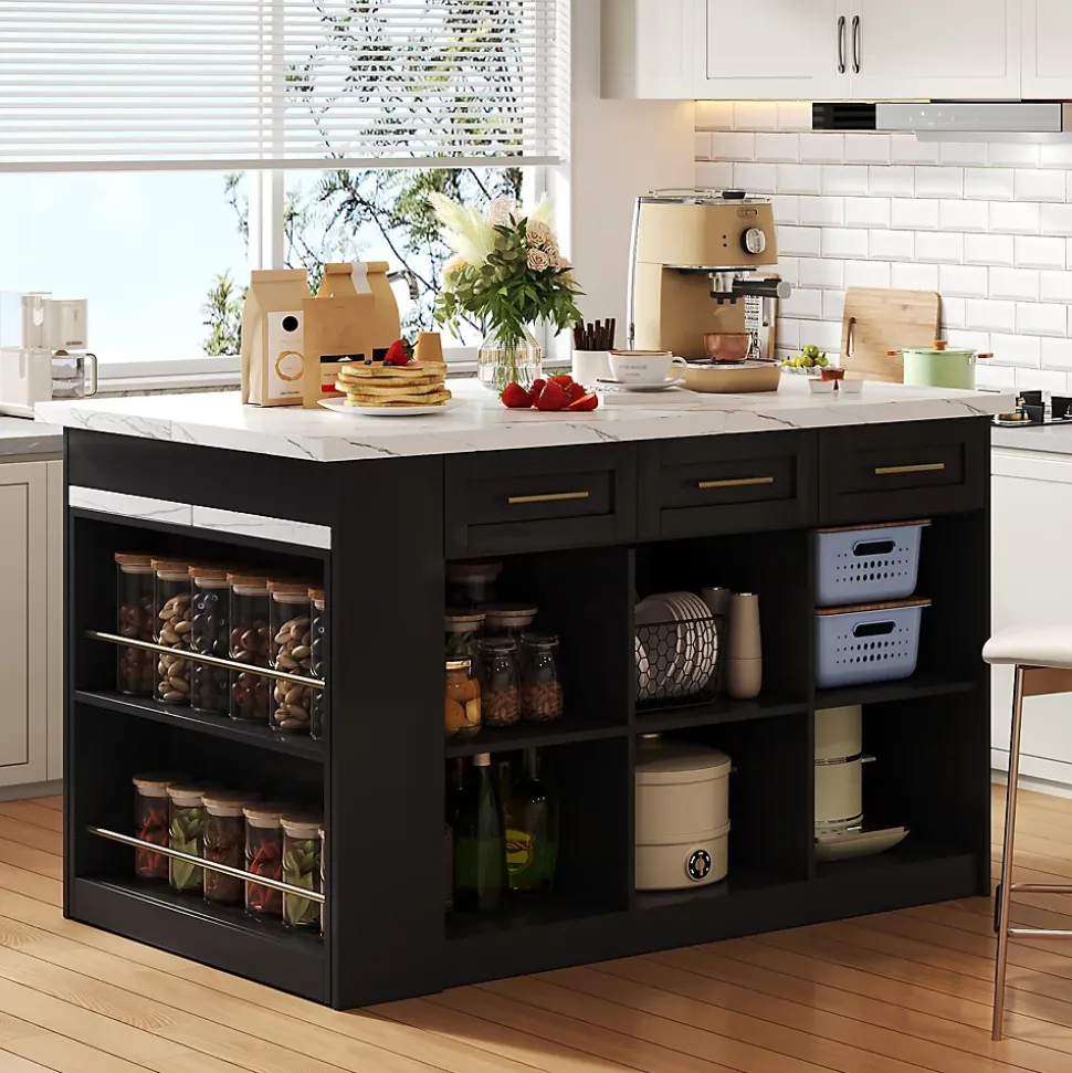 Îlot de Cuisine Multifonction avec Table Extensible, 3 Tiroirs, Portes et Étagères Réglables, MDF, Noir + Blanc, 150x90x90 cm