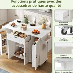 Îlot de Cuisine Pliable avec Roulettes, 4 Portes et 1 Tiroir, Porte-Épices Intégrées, MDF, 120x45(70)x95 cm - Blanc