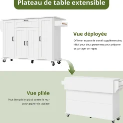 Îlot de Cuisine Pliable avec Roulettes, 4 Portes et 1 Tiroir, Porte-Épices Intégrées, MDF, 120x45(70)x95 cm - Blanc