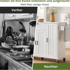 Îlot de Cuisine Pliable avec Roulettes, 4 Portes et 1 Tiroir, Porte-Épices Intégrées, MDF, 120x45(70)x95 cm - Blanc