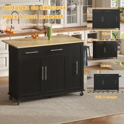 Îlot de Cuisine Pliable, Roulettes, 3 Niveaux d'Étagère Coulissante, 2 Tiroirs, Porte-Serviettes, MDF, Noir/Nature 120x40-65x90 cm