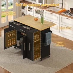 Îlot de Cuisine Pliable, Roulettes, 3 Niveaux d'Étagère Coulissante, 2 Tiroirs, Porte-Serviettes, MDF, Noir/Nature 120x40-65x90 cm