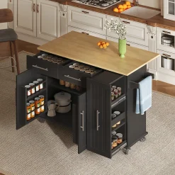 Îlot de Cuisine Pliable, Roulettes, 3 Niveaux d'Étagère Coulissante, 2 Tiroirs, Porte-Serviettes, MDF, Noir/Nature 120x40-65x90 cm