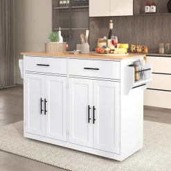 Îlot de Cuisine Pliable Service avec Plateau Rabattable et Roulettes, Pieds Bois Interchangeables, MDF Blanc, 120x46(70)x91 cm
