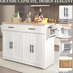 Îlot de Cuisine Pliable Service avec Plateau Rabattable et Roulettes, Pieds Bois Interchangeables, MDF Blanc, 120x46(70)x91 cm