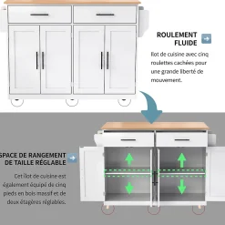 Îlot de Cuisine Pliable Service avec Plateau Rabattable et Roulettes, Pieds Bois Interchangeables, MDF Blanc, 120x46(70)x91 cm