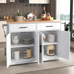 Îlot de Cuisine Pliable Service avec Plateau Rabattable et Roulettes, Pieds Bois Interchangeables, MDF Blanc, 120x46(70)x91 cm