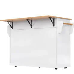 Îlot de Cuisine Pliable Service avec Plateau Rabattable et Roulettes, Pieds Bois Interchangeables, MDF Blanc, 120x46(70)x91 cm