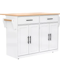 Îlot de Cuisine Pliable Service avec Plateau Rabattable et Roulettes, Pieds Bois Interchangeables, MDF Blanc, 120x46(70)x91 cm
