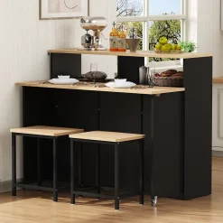 Îlot de Cuisine sur Roulettes - Armoire de Rangement avec Plateau Rabattable et 2 Tabourets Inclus - 110x34-68x97,5 cm - Noir