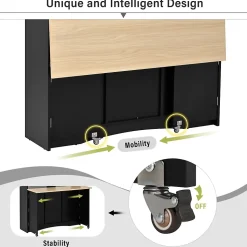 Îlot de Cuisine sur Roulettes - Armoire de Rangement avec Plateau Rabattable et 2 Tabourets Inclus - 110x34-68x97,5 cm - Noir