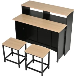 Îlot de Cuisine sur Roulettes - Armoire de Rangement avec Plateau Rabattable et 2 Tabourets Inclus - 110x34-68x97,5 cm - Noir