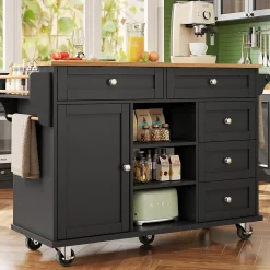 Îlot de cuisine sur roulettes, placards de rangement, cinq tiroirs et étagère à épices, 14 x 46 x 92 cm, noir