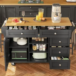 Îlot de cuisine sur roulettes, placards de rangement, cinq tiroirs et étagère à épices, 14 x 46 x 92 cm, noir