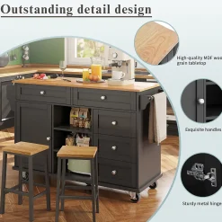 Îlot de cuisine sur roulettes, placards de rangement, cinq tiroirs et étagère à épices, 14 x 46 x 92 cm, noir