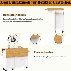 Îlot de Cuisine sur Roulettes avec Plan de Travail Extensible, Portes et Étagères Réglables, Meuble Mobile en MDF et Métal, Blanc