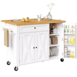 Îlot de Cuisine sur Roulettes avec Plan de Travail Extensible, Portes et Étagères Réglables, Meuble Mobile en MDF et Métal, Blanc