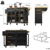 Îlot de Cuisine sur Roulettes avec Plan de Travail en Bois et Tiroirs Fermés, Meuble de Rangement Multifonction, Noir