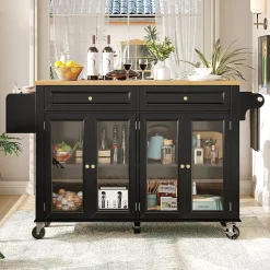 Îlot de Cuisine sur Roulettes avec Plan de Travail en Bois et Tiroirs Fermés, Meuble de Rangement Multifonction, Noir