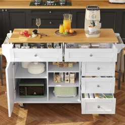 Îlot de cuisine sur roulettes, placards de rangement, cinq tiroirs et étagère à épices, 14 x 46 x 92 cm, blanc