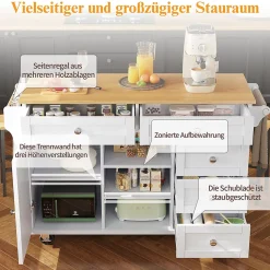 Îlot de cuisine sur roulettes, placards de rangement, cinq tiroirs et étagère à épices, 14 x 46 x 92 cm, blanc