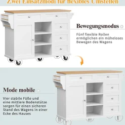 Îlot de cuisine sur roulettes, placards de rangement, cinq tiroirs et étagère à épices, 14 x 46 x 92 cm, blanc