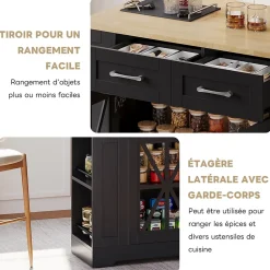 Îlot de Cuisine, Table Pliante, 2 Portes, Étagères Réglables, Prises Électriques et Ports USB - MDF Noir/Naturel, 120x40-65x92 cm