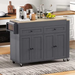 Îlot de Cuisine, Tiroirs, Plan de Travail, Desserte à Roulettes, Rangement, Espace Extensible, 112-180,5x45x92 cm - MDF Gris