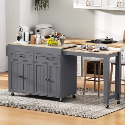 Îlot de Cuisine, Tiroirs, Plan de Travail, Desserte à Roulettes, Rangement, Espace Extensible, 112-180,5x45x92 cm - MDF Gris