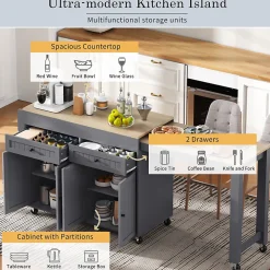 Îlot de Cuisine, Tiroirs, Plan de Travail, Desserte à Roulettes, Rangement, Espace Extensible, 112-180,5x45x92 cm - MDF Gris