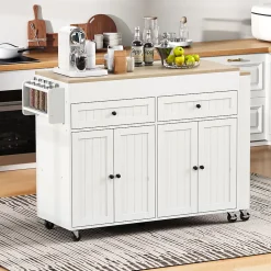 Îlot de Cuisine, Tiroirs, Plan de Travail, Chariot à Roulettes avec Rangement, Espace Extensible, 112-180,5x45x92 cm, MDF Blanc