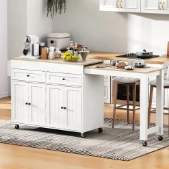Îlot de Cuisine, Tiroirs, Plan de Travail, Chariot à Roulettes avec Rangement, Espace Extensible, 112-180,5x45x92 cm, MDF Blanc