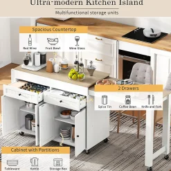 Îlot de Cuisine, Tiroirs, Plan de Travail, Chariot à Roulettes avec Rangement, Espace Extensible, 112-180,5x45x92 cm, MDF Blanc