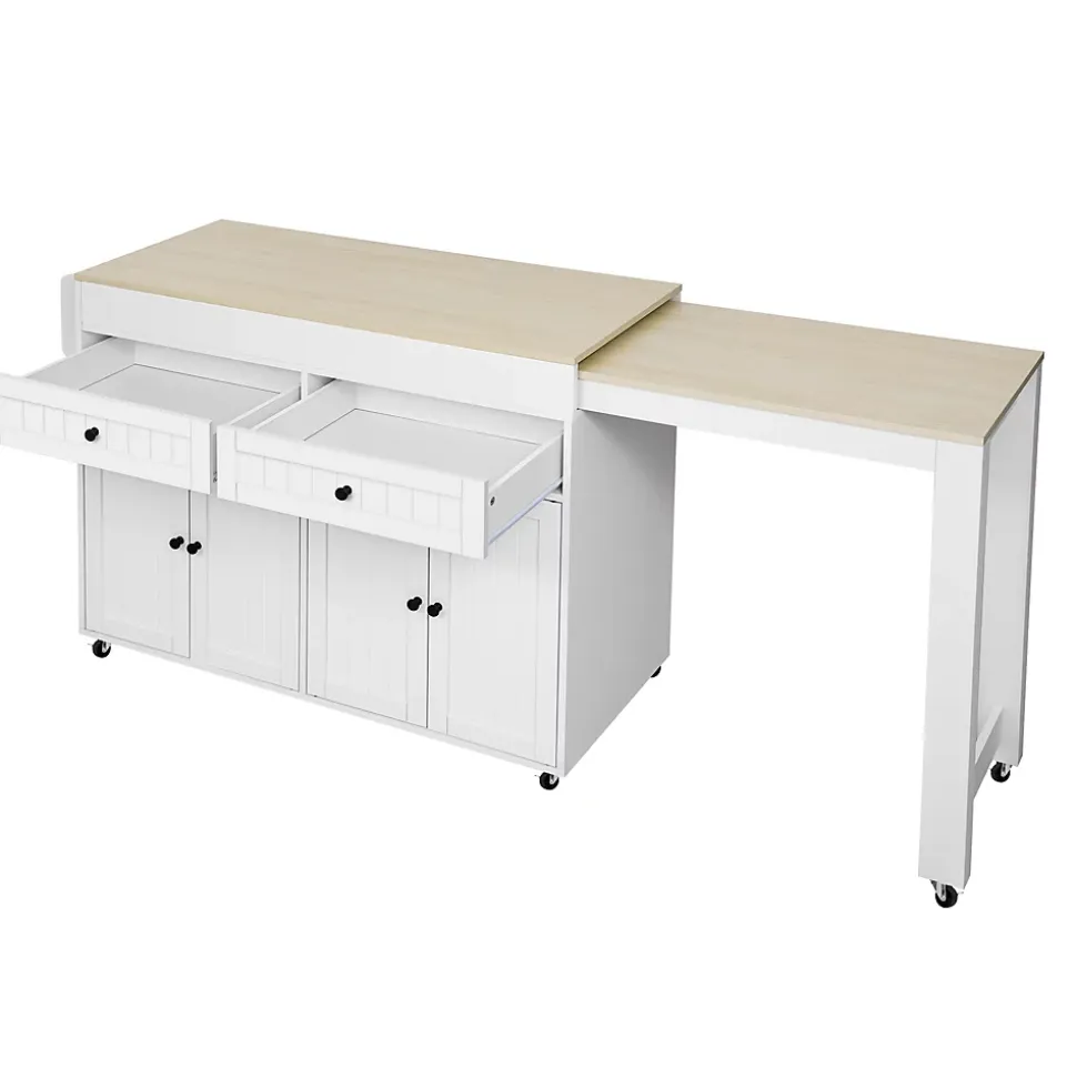 Îlot de Cuisine, Tiroirs, Plan de Travail, Chariot à Roulettes avec Rangement, Espace Extensible, 112-180,5x45x92 cm, MDF Blanc