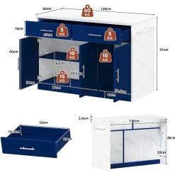 Îlot de Cuisine 120x60x91 cm - desserte de Cuisine avec Prise et Ports USB, Étagères Réglables, Porte-Serviettes, MDF - Blanc+Bleu