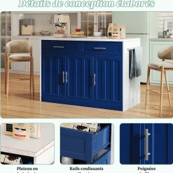 Îlot de Cuisine 120x60x91 cm - desserte de Cuisine avec Prise et Ports USB, Étagères Réglables, Porte-Serviettes, MDF - Blanc+Bleu