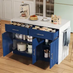 Îlot de Cuisine 120x60x91 cm - desserte de Cuisine avec Prise et Ports USB, Étagères Réglables, Porte-Serviettes, MDF - Blanc+Bleu